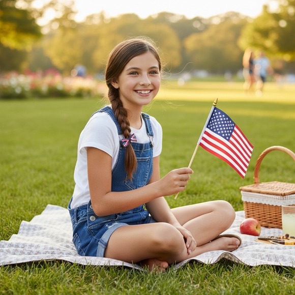 Girls Denim Shortalls Medium Wash Distressed American Flag Sequin Heart Overalls - Picture 3 of 3